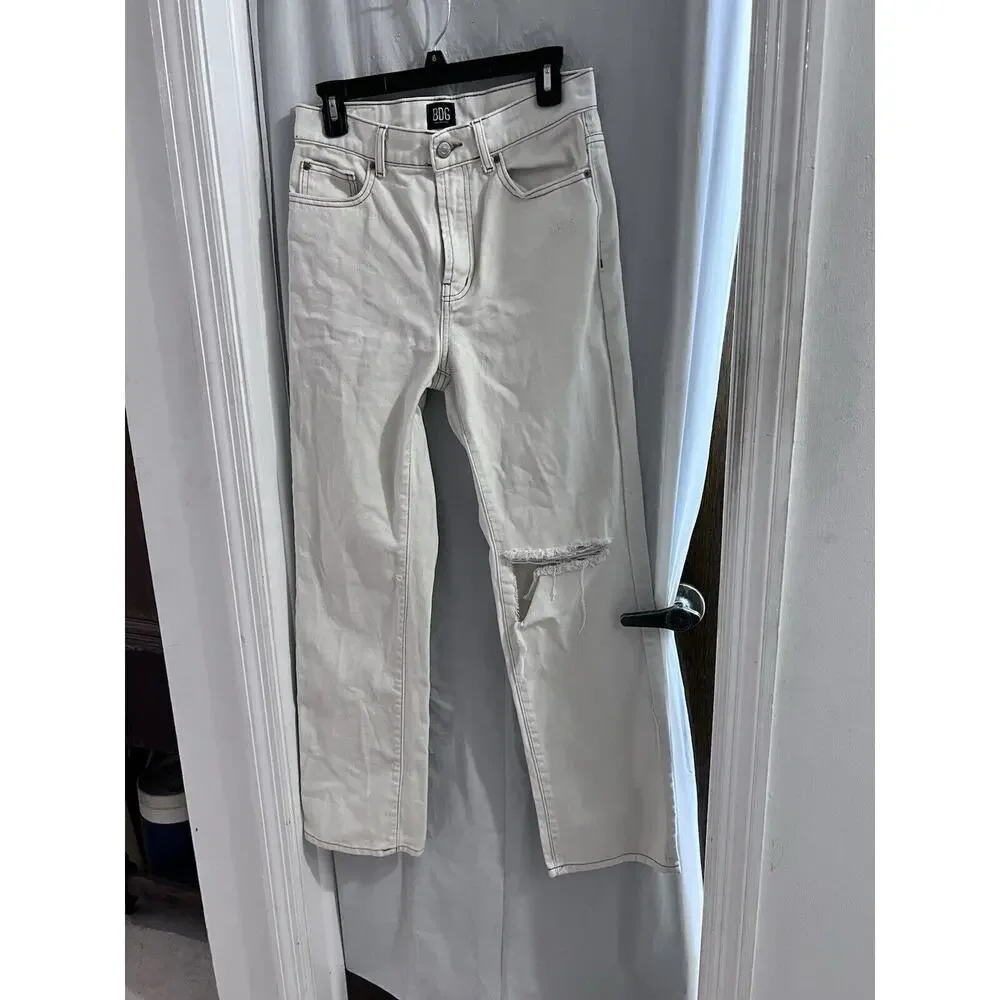 Urban Outfitters Bdg High Ride Mom Jeans In Ecru/ivory Distressed Jeans 27